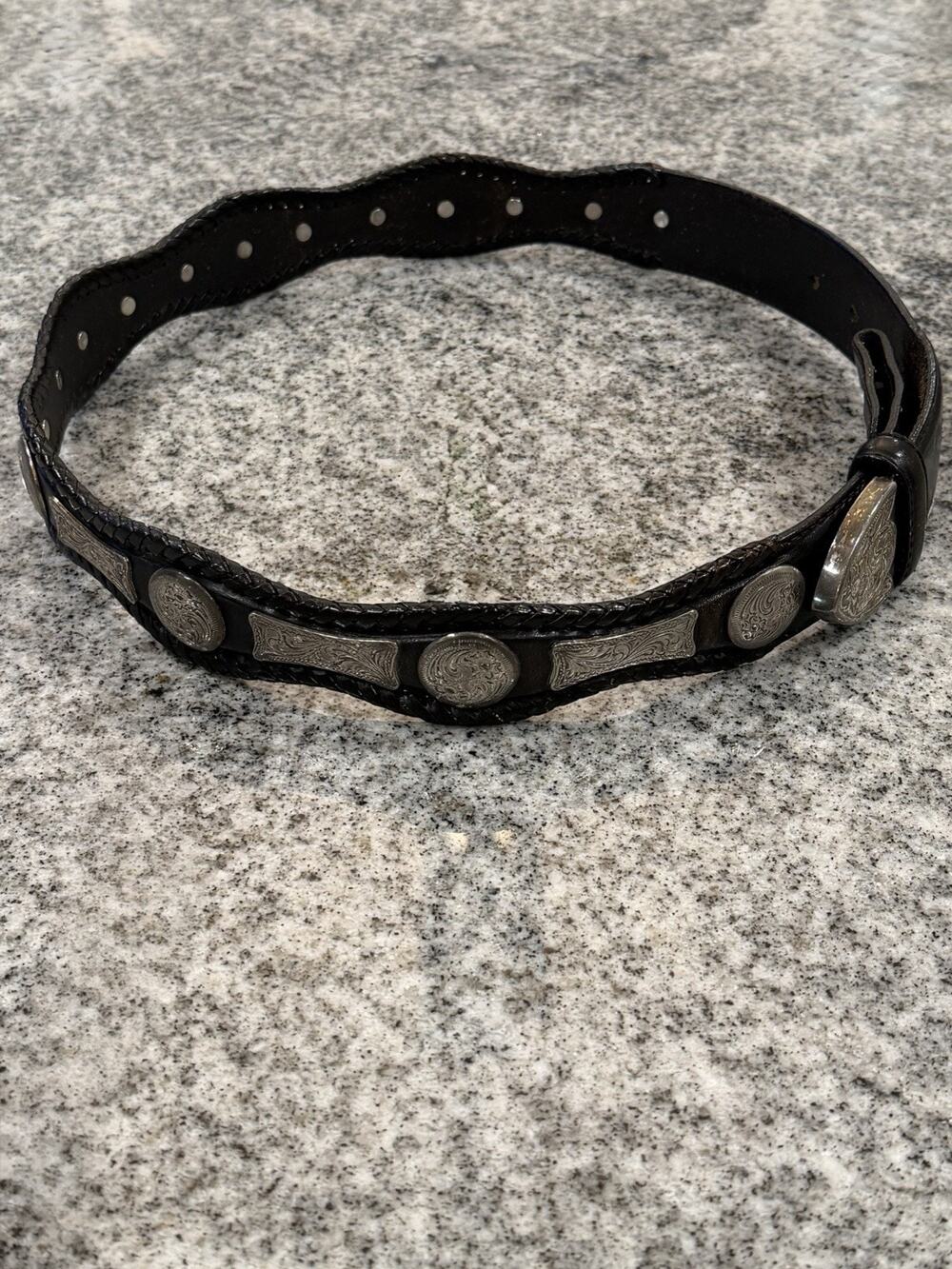 VINTAGE-Tony Lama-76903-Braided Edge Concho Western Leather Belt Black Silver 32